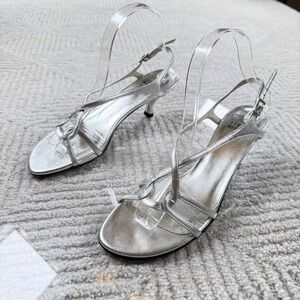 Stuart Weitzman Strappy Kitten Heel Sandals Women's 7.5N  Silver Metallic Y2K